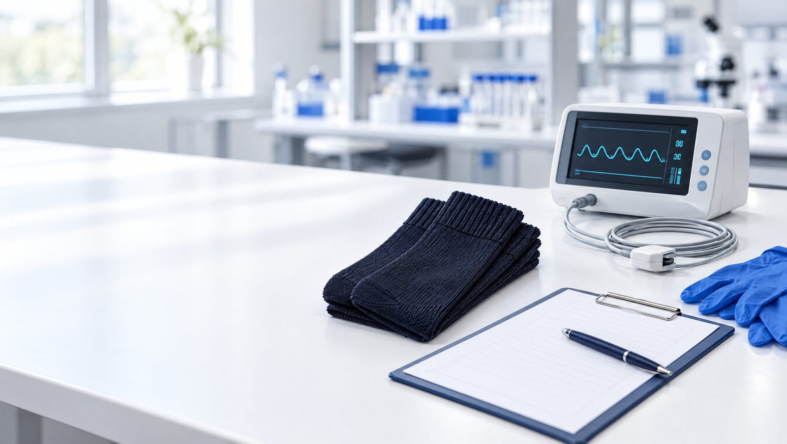 CircuFiber infrared diabetic socks next to a transcutaneous oxygen (TcPO2) monitor in a clinical research lab